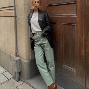 Mango Faux Leather Barrel Pants Green Size 2